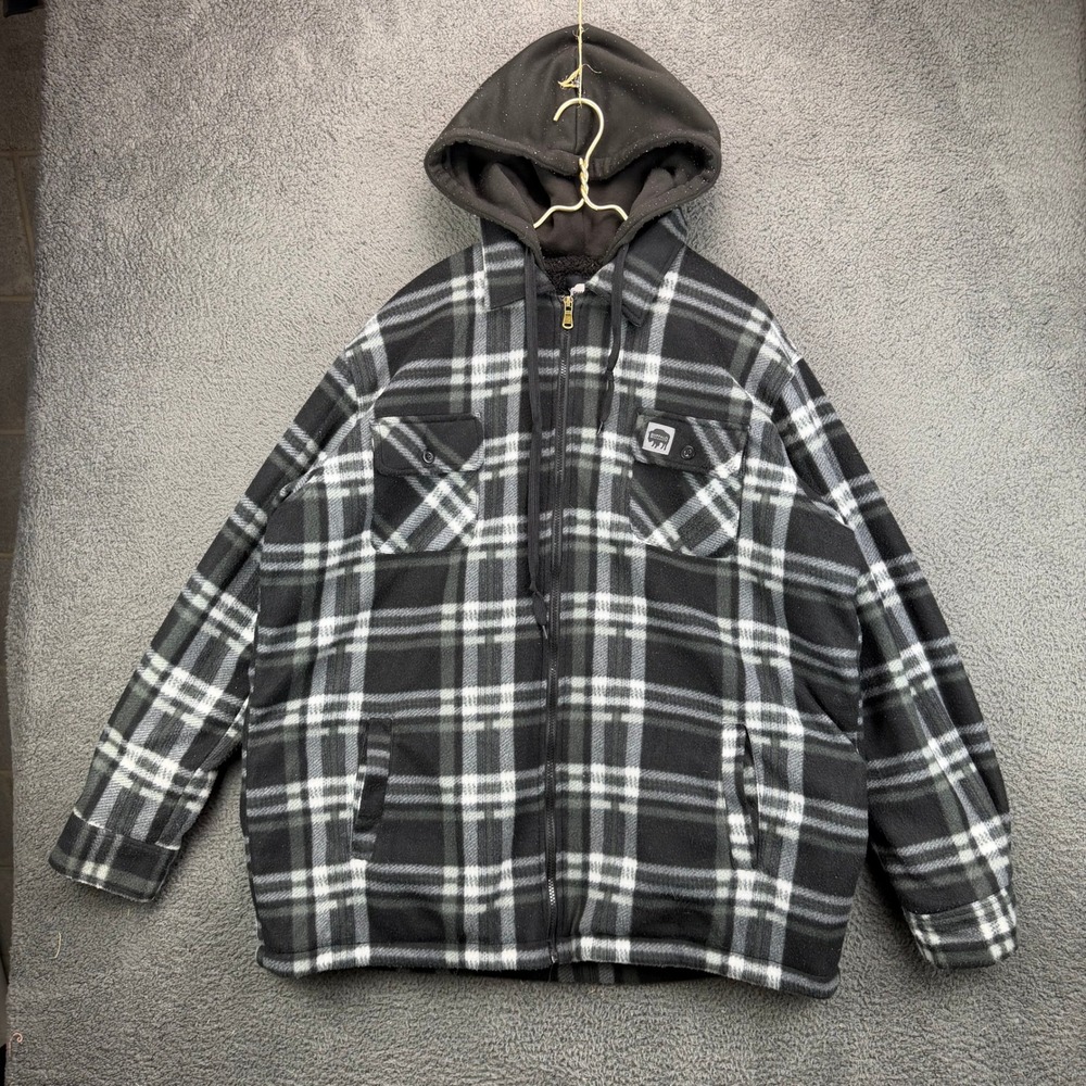 Buffalo Outdoors Mens 2XL Black White Plaid Sherpa Lined Hooded Fleece‎ Jacket